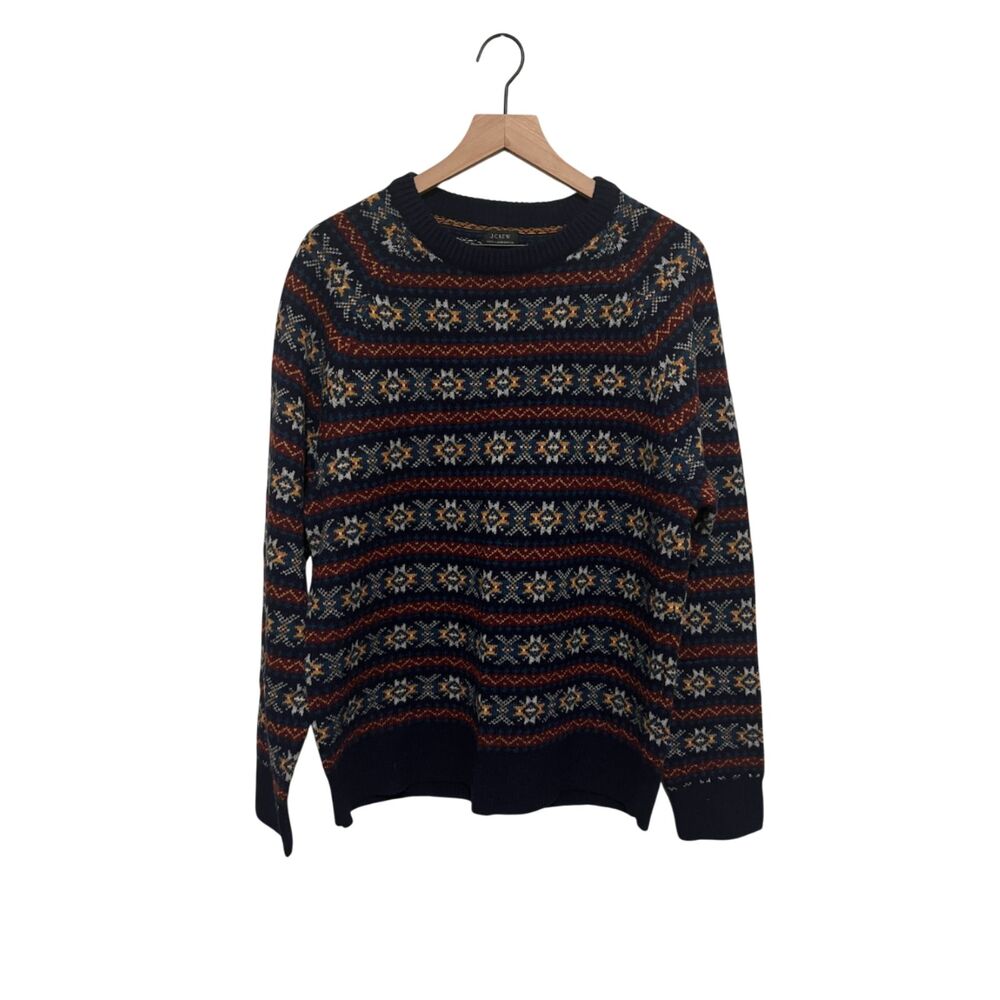J. Crew Fair Isle Lambswool Sweater Crewneck Navy Blue Red K2859 Men's Large